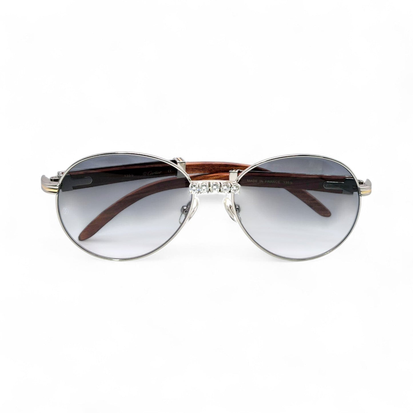 Bagatelle (Iced - Moissanite) - 55-18 Silver Woods Sunglasses w/ Round Lenses - Moissanite Diamonds Set (90s) - Luxury Optical