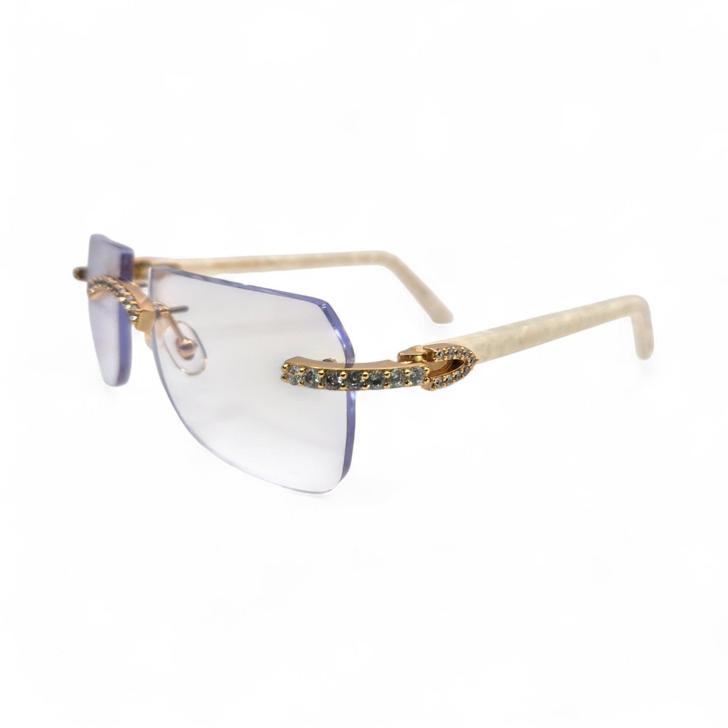 C Decor Marbles (Iced) - Gold White Composite Marbles Sunglasses w/ Clear Lenses - Diamonds Prong Set (2010s) - Luxury Optical
