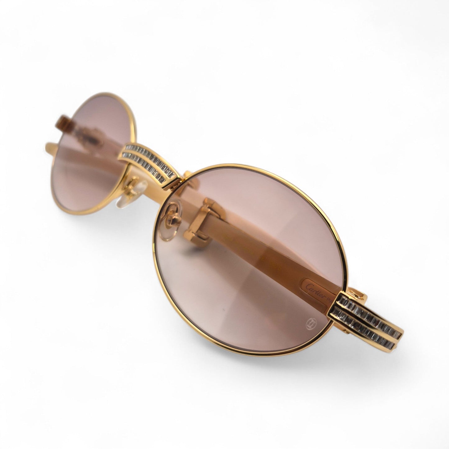 Giverny (Iced) - 55-22 Gold Genuine Horn Sunglasses w/ Brown Lenses & Baguette Diamonds Channel Set (90s) - Luxury Optical