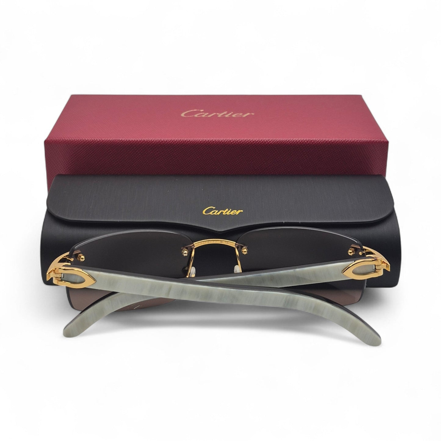 CT0046S Authentic Cartier C Decor - 56-18 White Horns & Bubinga Woods Sunglasses w/ Dark Brown Lenses (2010s)