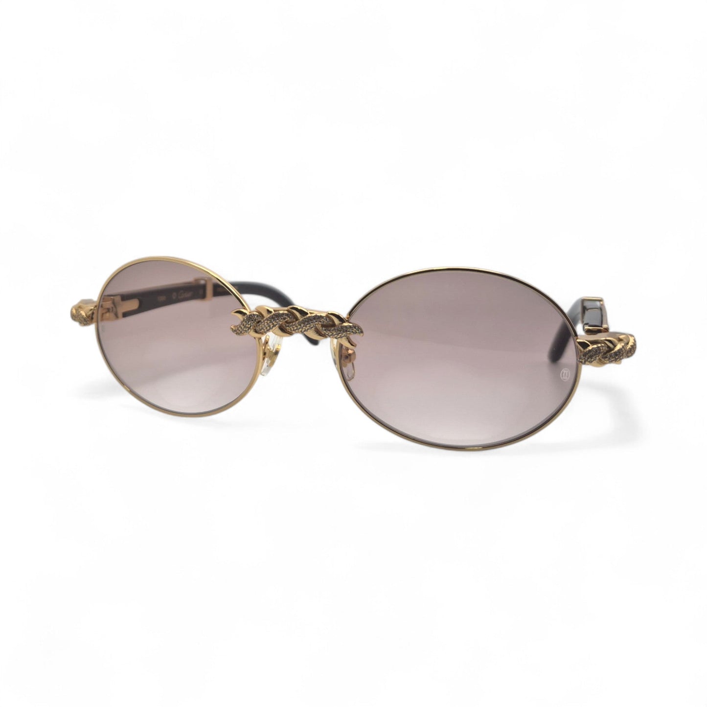 Giverny (Iced) - 55-22 Gold Genuine Black Horn Sunglasses w/ Brown Lenses & Diamonds X-Link Set (90s)