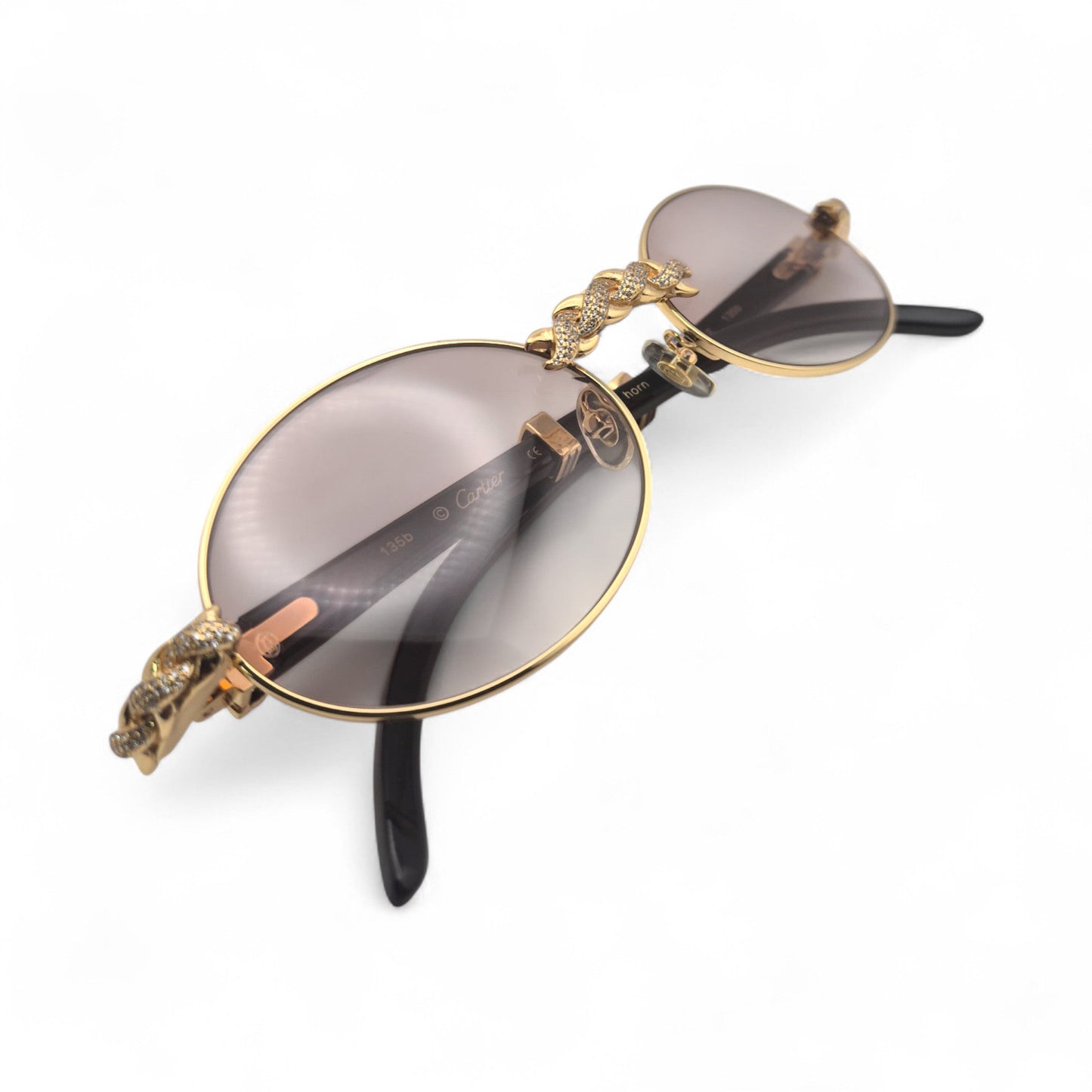 Giverny (Iced) - 55-22 Gold Genuine Black Horn Sunglasses w/ Brown Lenses & Diamonds X-Link Set (90s)