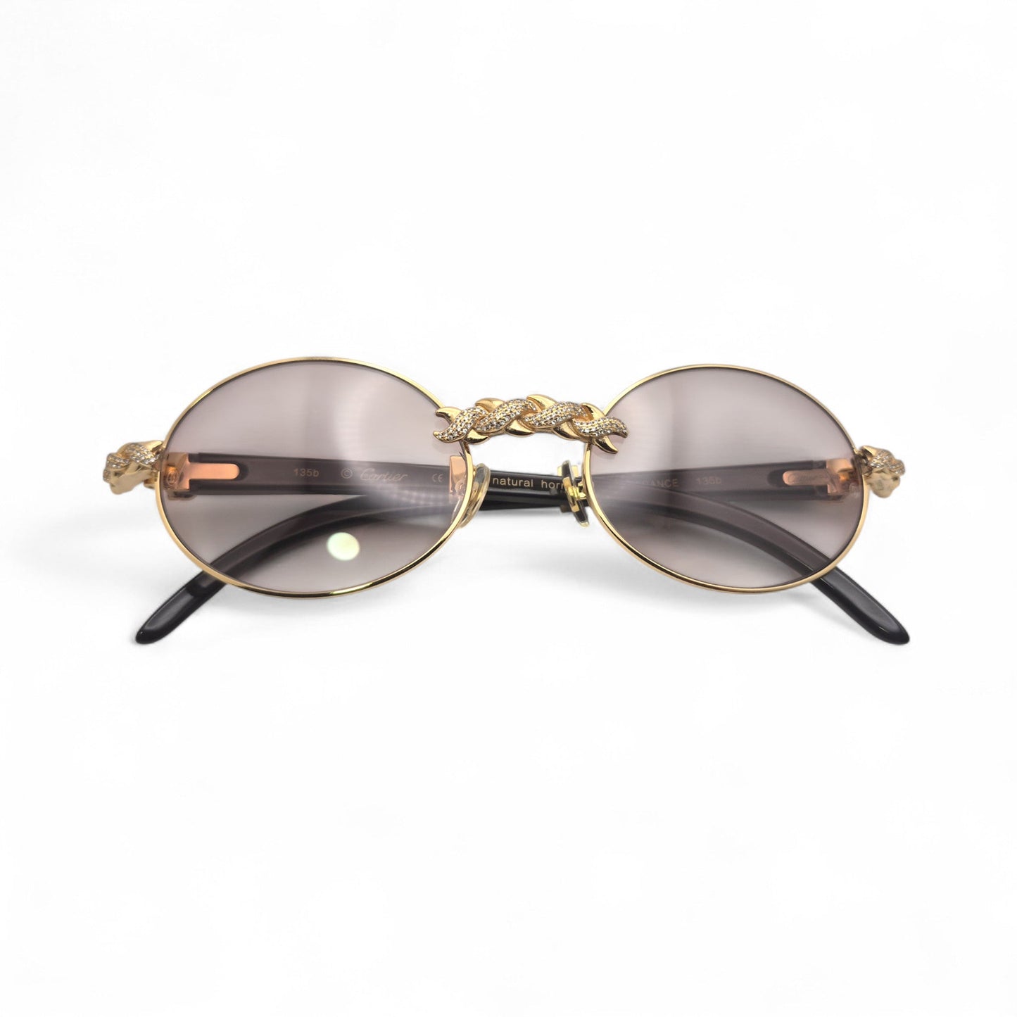 Giverny (Iced) - 55-22 Gold Genuine Black Horn Sunglasses w/ Brown Lenses & Diamonds X-Link Set (90s)