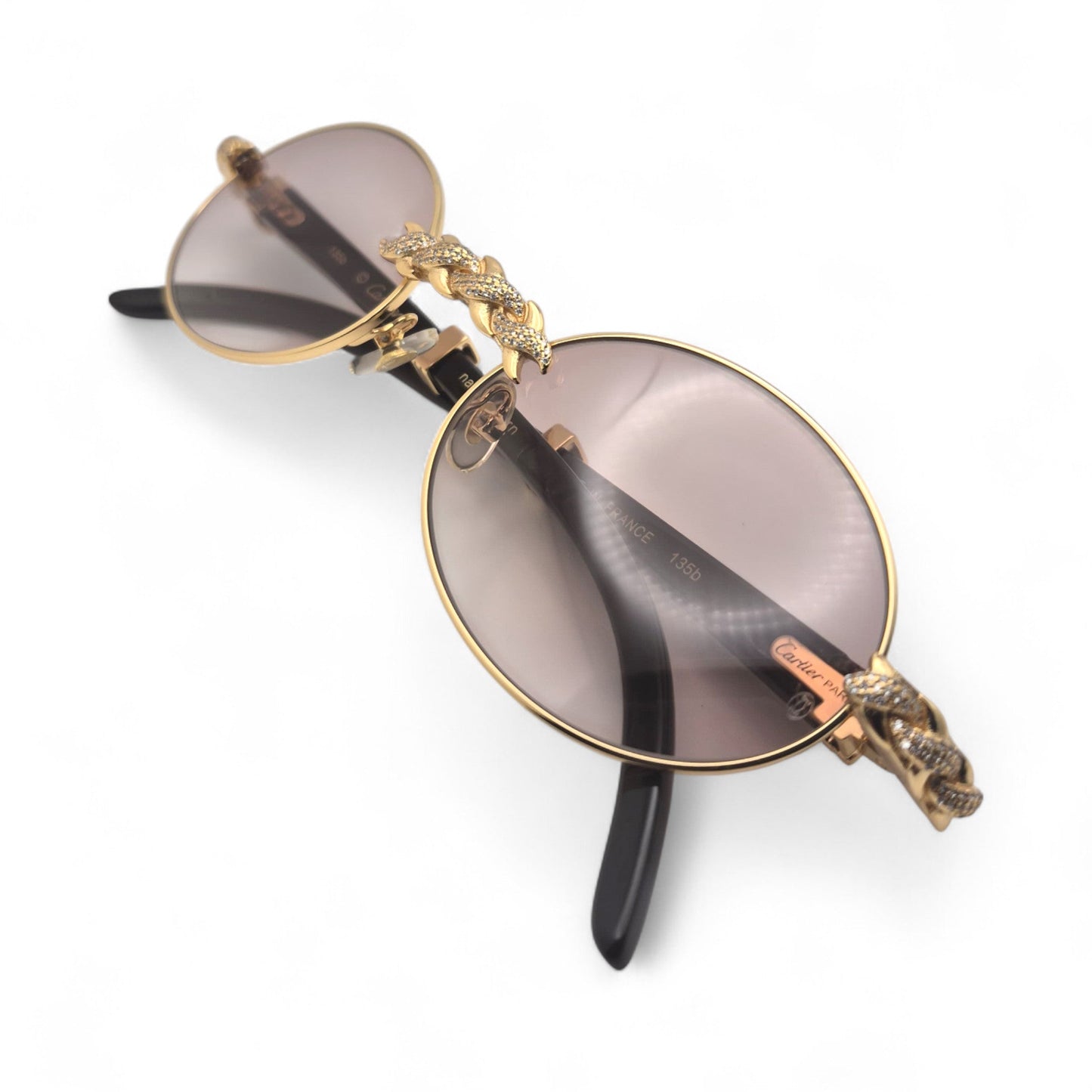 Giverny (Iced) - 55-22 Gold Genuine Black Horn Sunglasses w/ Brown Lenses & Diamonds X-Link Set (90s)