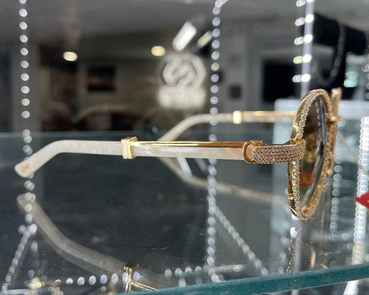 Bagatelle (Iced) - 56-16 Gold White Marble Composites Sunglasses w/ Diamond Frame & Brown Lenses