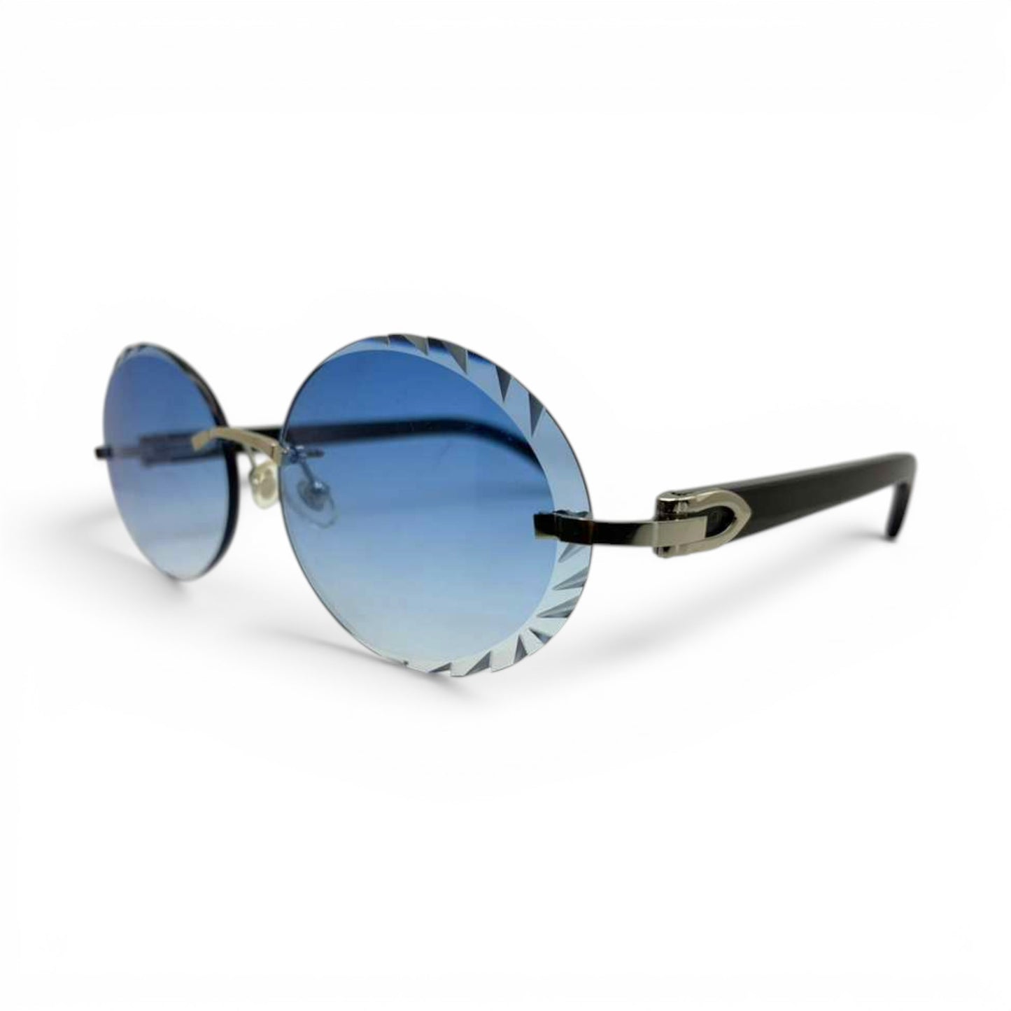 C Decor Buffs - Silver Black Genuine Horn Sunglasses w/ Circle Blue Lenses (Diamond Cut)
