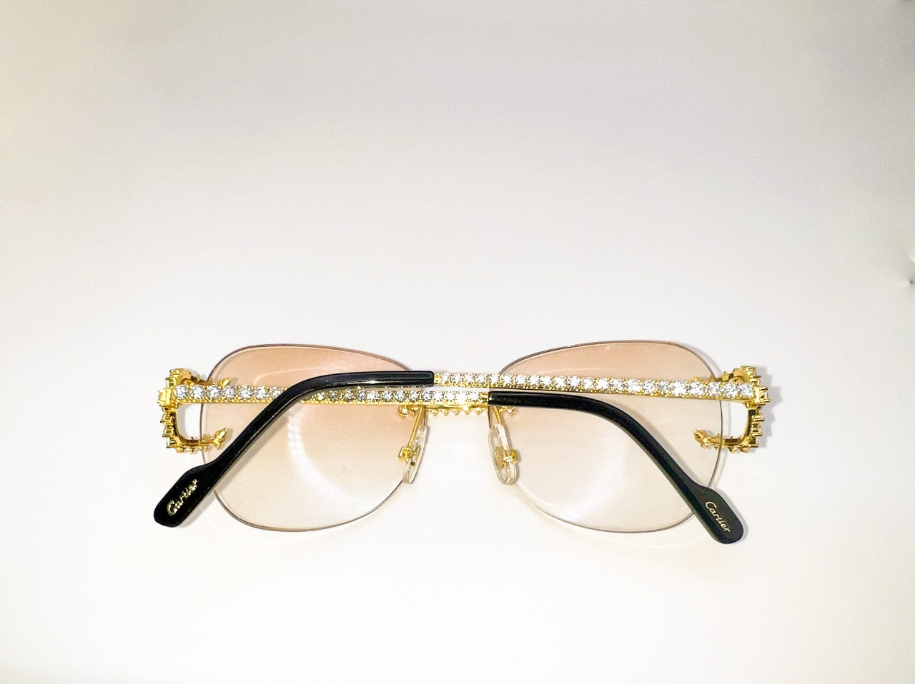 Gold Big C with Full Prong Set Mossinate Diamond Indigo transition brown lenses