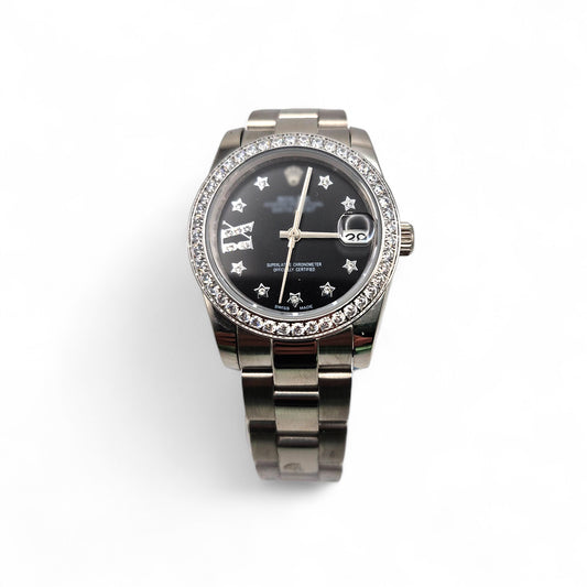 RLX DTJ - Silver Watch - Black Dial (Diamonds Bezel)