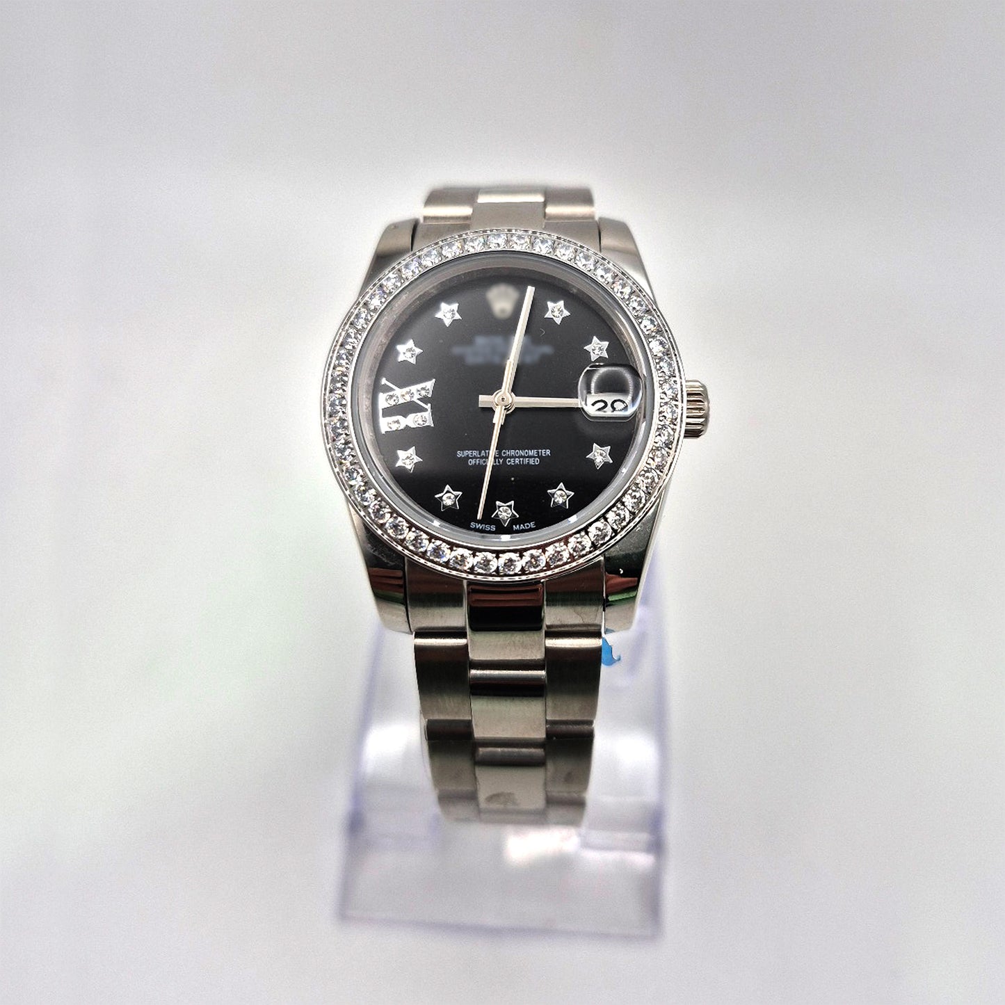 RLX DTJ - Silver Watch - Black Dial (Diamonds Bezel)