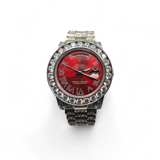 RLX DDT - Silver Watch (Iced Out) - Red Dial