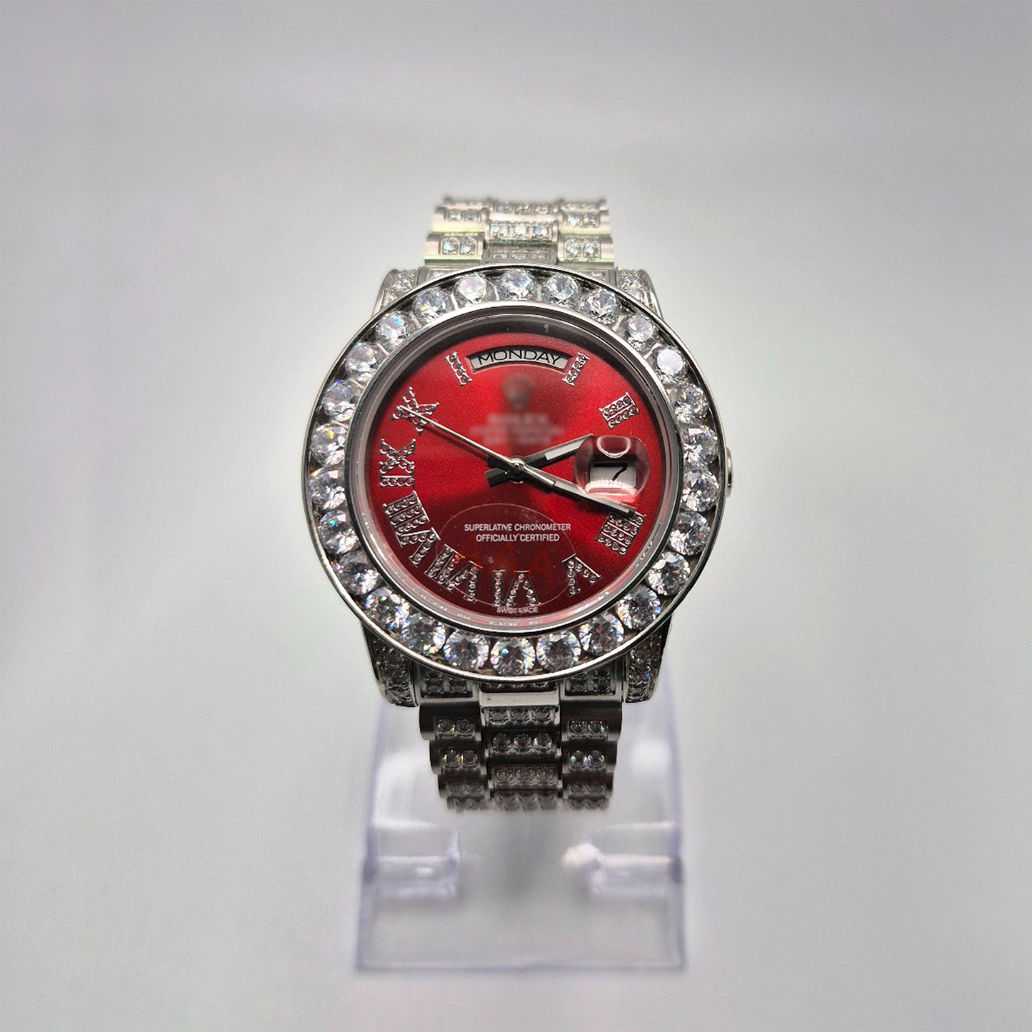 RLX DDT - Silver Watch (Iced Out) - Red Dial