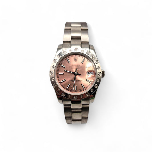 RLX DTJ - Silver Watch - Pink Dial (Scattered Diamonds Bezel)