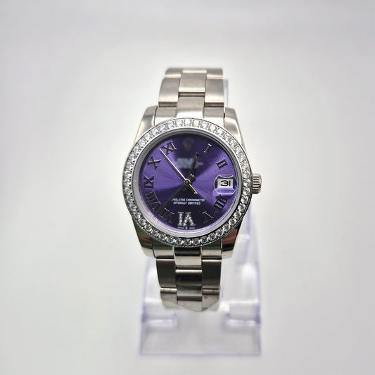 RLX DTJ - Silver Watch - Purple Dial (Diamonds Bezel)