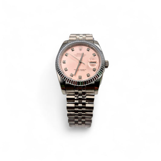 RLX DTJ - Silver Watch - Pink Dial (Diamonds Hour Markers)