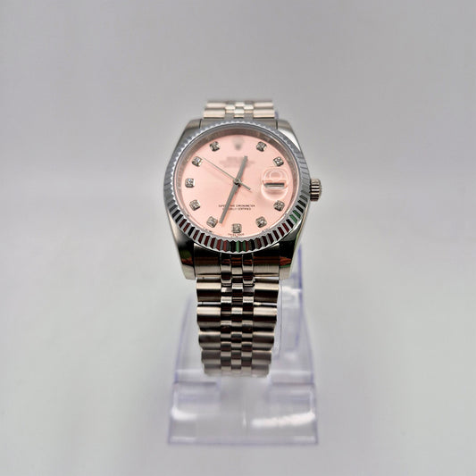 RLX DTJ - Silver Watch - Pink Dial (Diamonds Hour Markers)