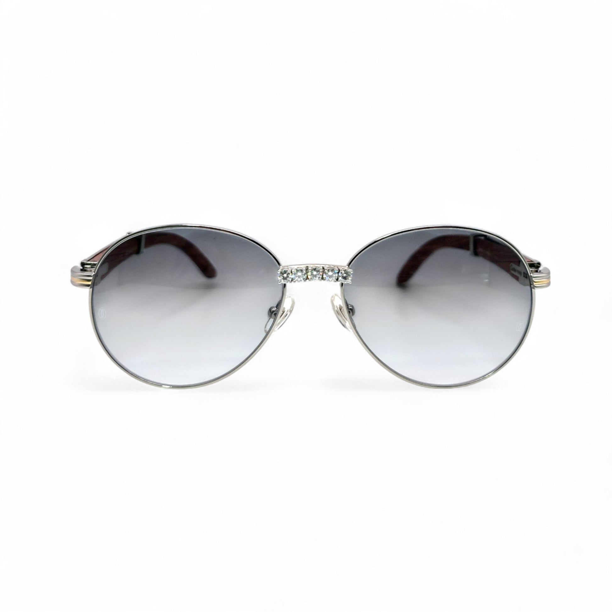Bagatelle (Iced - Moissanite) - 55-18 Silver Woods Sunglasses w/ Round Lenses - Moissanite Diamonds Set (90s) - Luxury Optical
