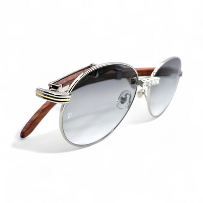 Bagatelle (Iced - Moissanite) - 55-18 Silver Woods Sunglasses w/ Round Lenses - Moissanite Diamonds Set (90s) - Luxury Optical
