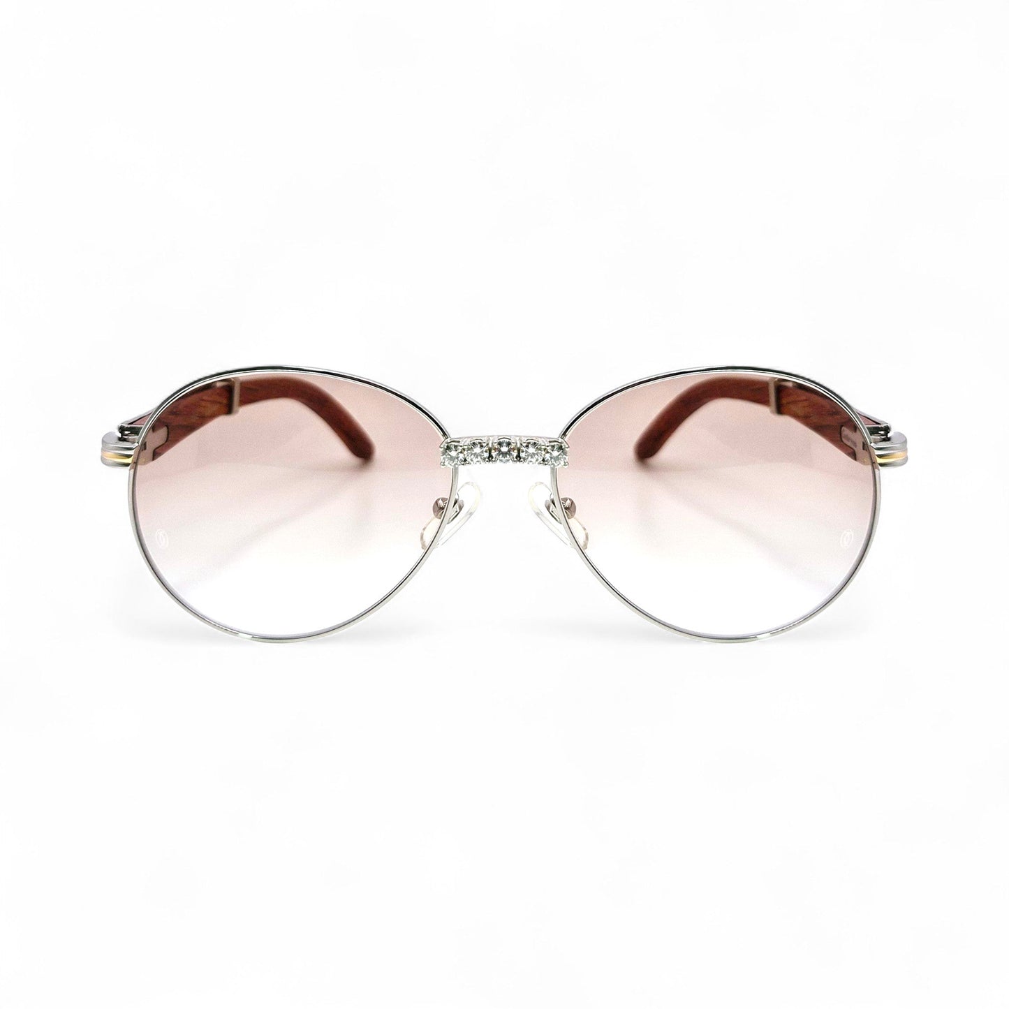 Bagatelle (Iced - Moissanite) - 55-18 Silver Woods Sunglasses w/ Round Lenses - Moissanite Diamonds Set (90s) - Luxury Optical