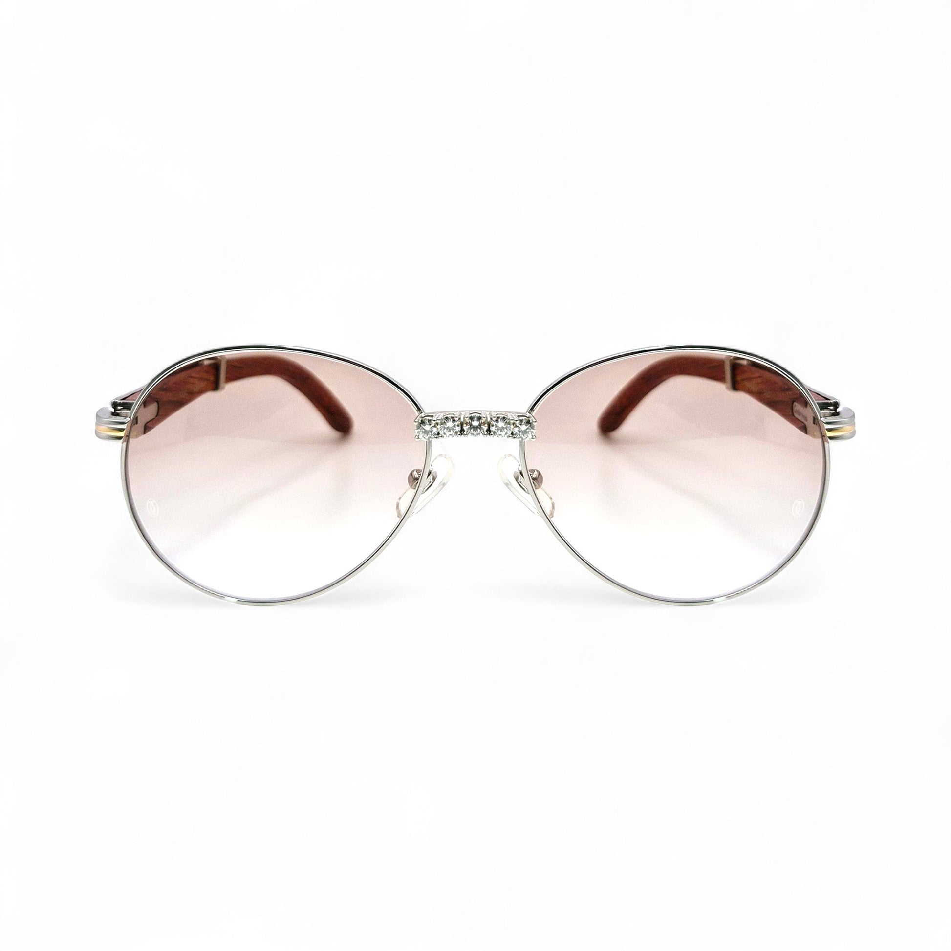 Bagatelle (Iced - Moissanite) - 55-18 Silver Woods Sunglasses w/ Round Lenses - Moissanite Diamonds Set (90s) - Luxury Optical