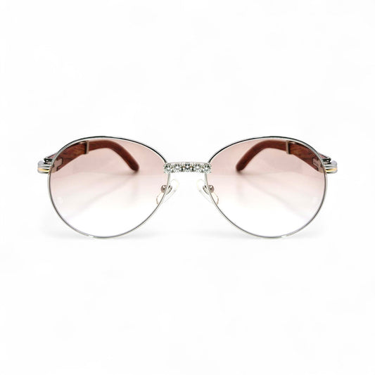 Bagatelle (Iced - Moissanite) - 55-18 Silver Woods Sunglasses w/ Round Lenses - Moissanite Diamonds Set (90s) - Luxury Optical