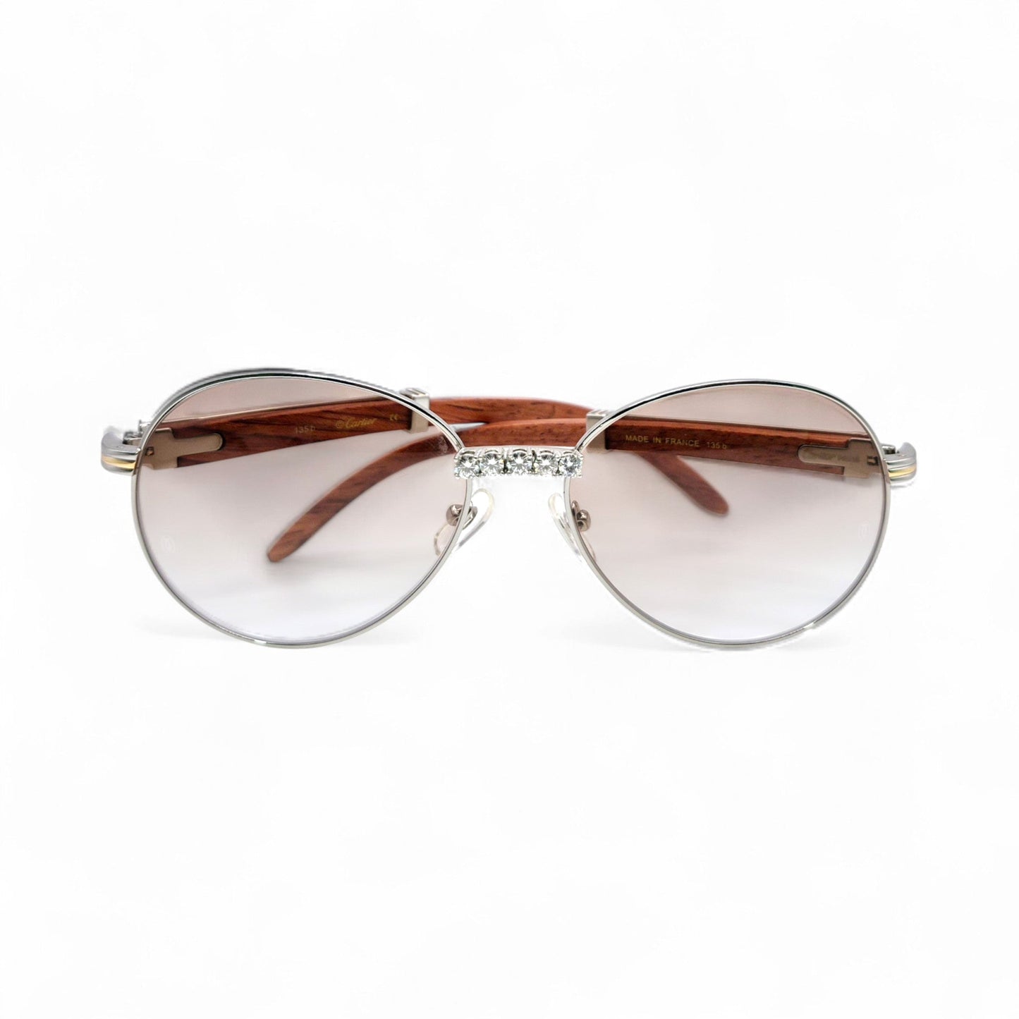 Bagatelle (Iced - Moissanite) - 55-18 Silver Woods Sunglasses w/ Round Lenses - Moissanite Diamonds Set (90s) - Luxury Optical