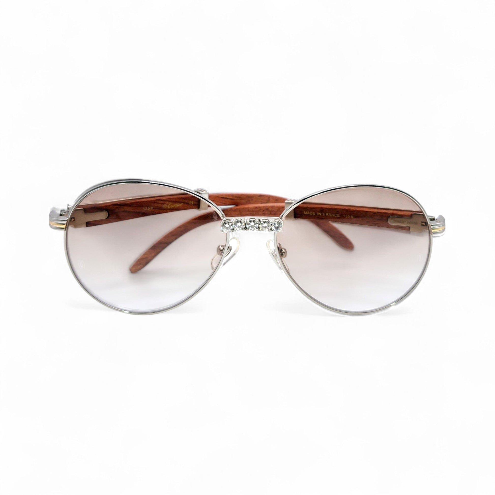 Bagatelle (Iced - Moissanite) - 55-18 Silver Woods Sunglasses w/ Round Lenses - Moissanite Diamonds Set (90s) - Luxury Optical