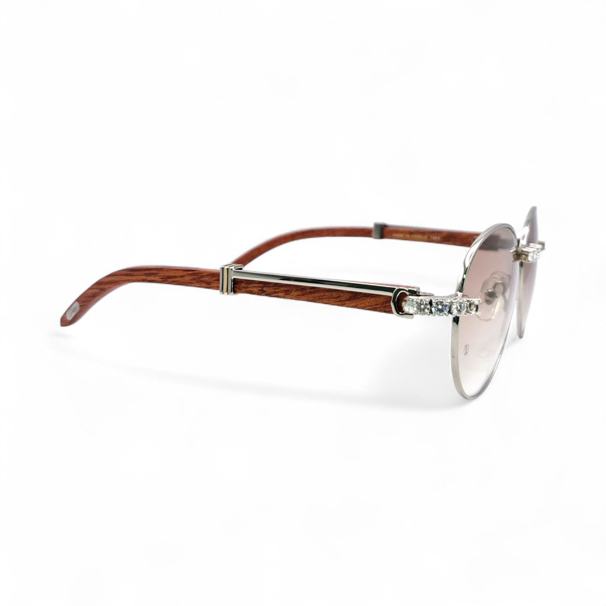 Bagatelle (Iced - Moissanite) - 55-18 Silver Woods Sunglasses w/ Round Lenses - Moissanite Diamonds Set (90s) - Luxury Optical