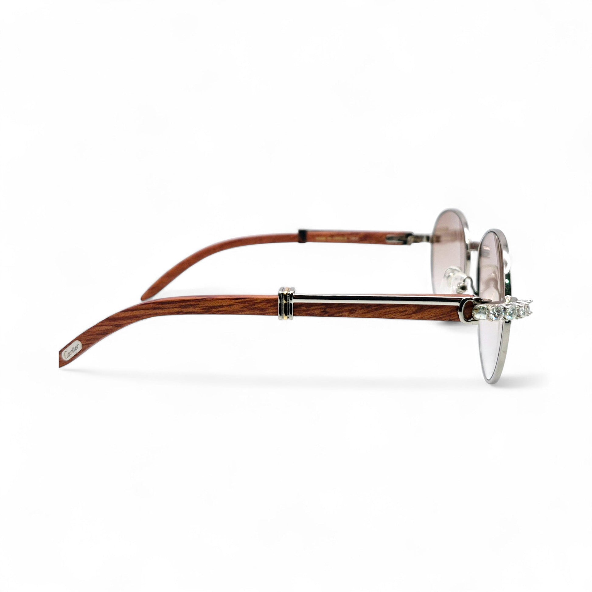 Bagatelle (Iced - Moissanite) - 55-18 Silver Woods Sunglasses w/ Round Lenses - Moissanite Diamonds Set (90s) - Luxury Optical
