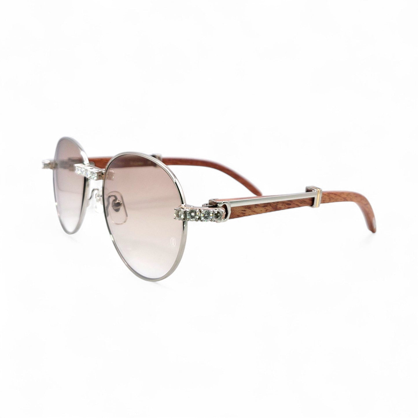 Bagatelle (Iced - Moissanite) - 55-18 Silver Woods Sunglasses w/ Round Lenses - Moissanite Diamonds Set (90s) - Luxury Optical