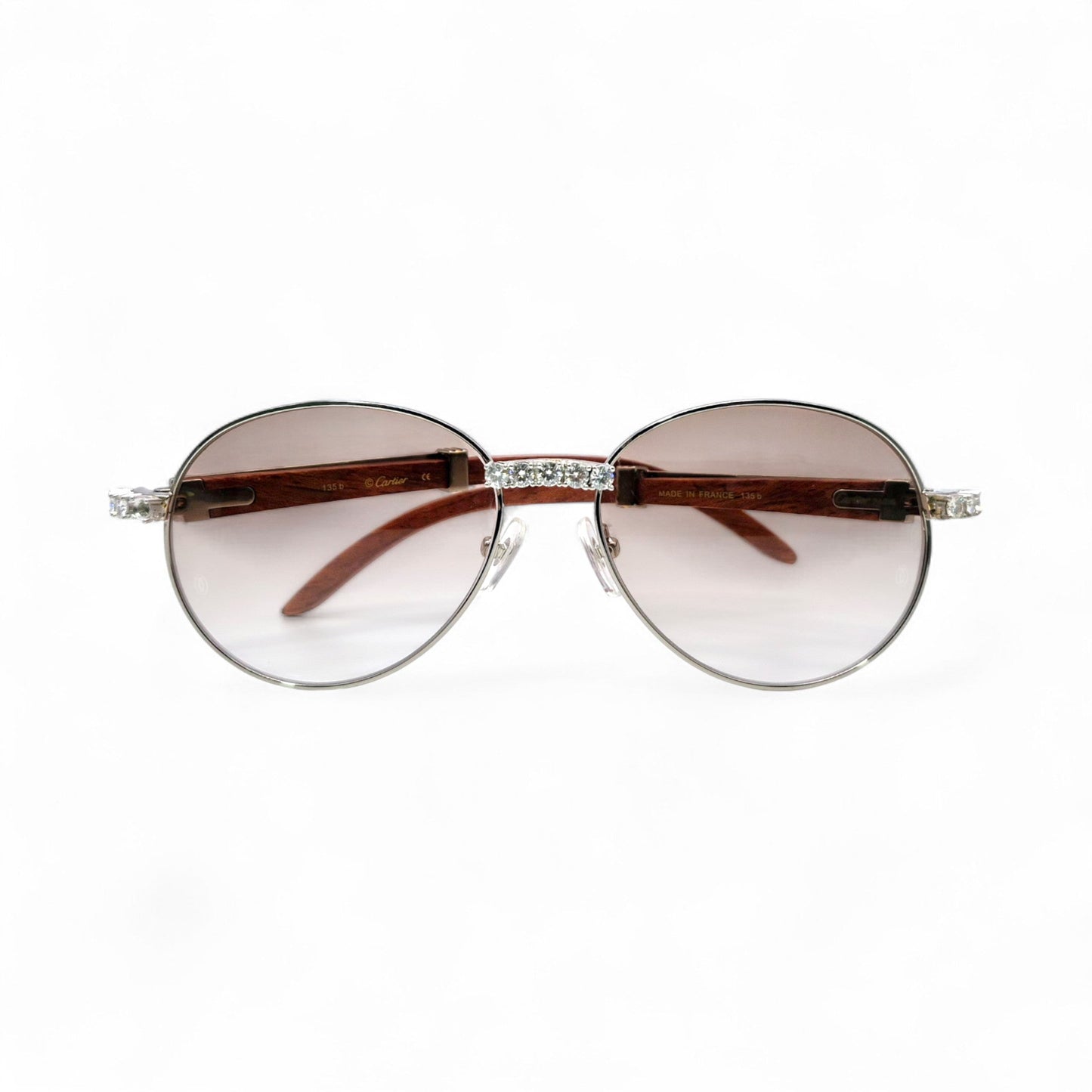 Bagatelle (Iced - Moissanite) - 55-18 Silver Woods Sunglasses w/ Round Lenses - Moissanite Diamonds Set (90s) - Luxury Optical