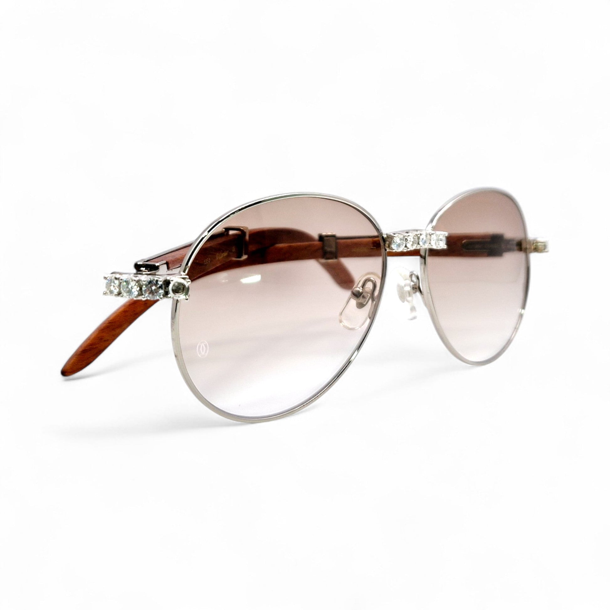 Bagatelle (Iced - Moissanite) - 55-18 Silver Woods Sunglasses w/ Round Lenses - Moissanite Diamonds Set (90s) - Luxury Optical