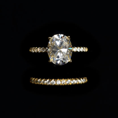 S925 Gold Solitaire Moissanite Diamond Ring & Band - 2pc Set