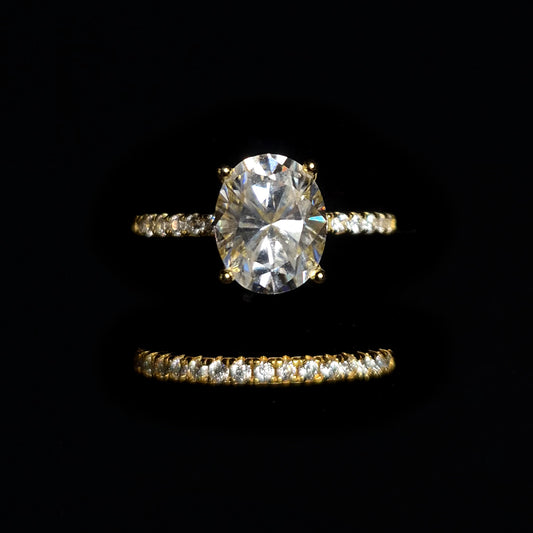 S925 Gold Solitaire Moissanite Diamond Ring & Band - 2pc Set