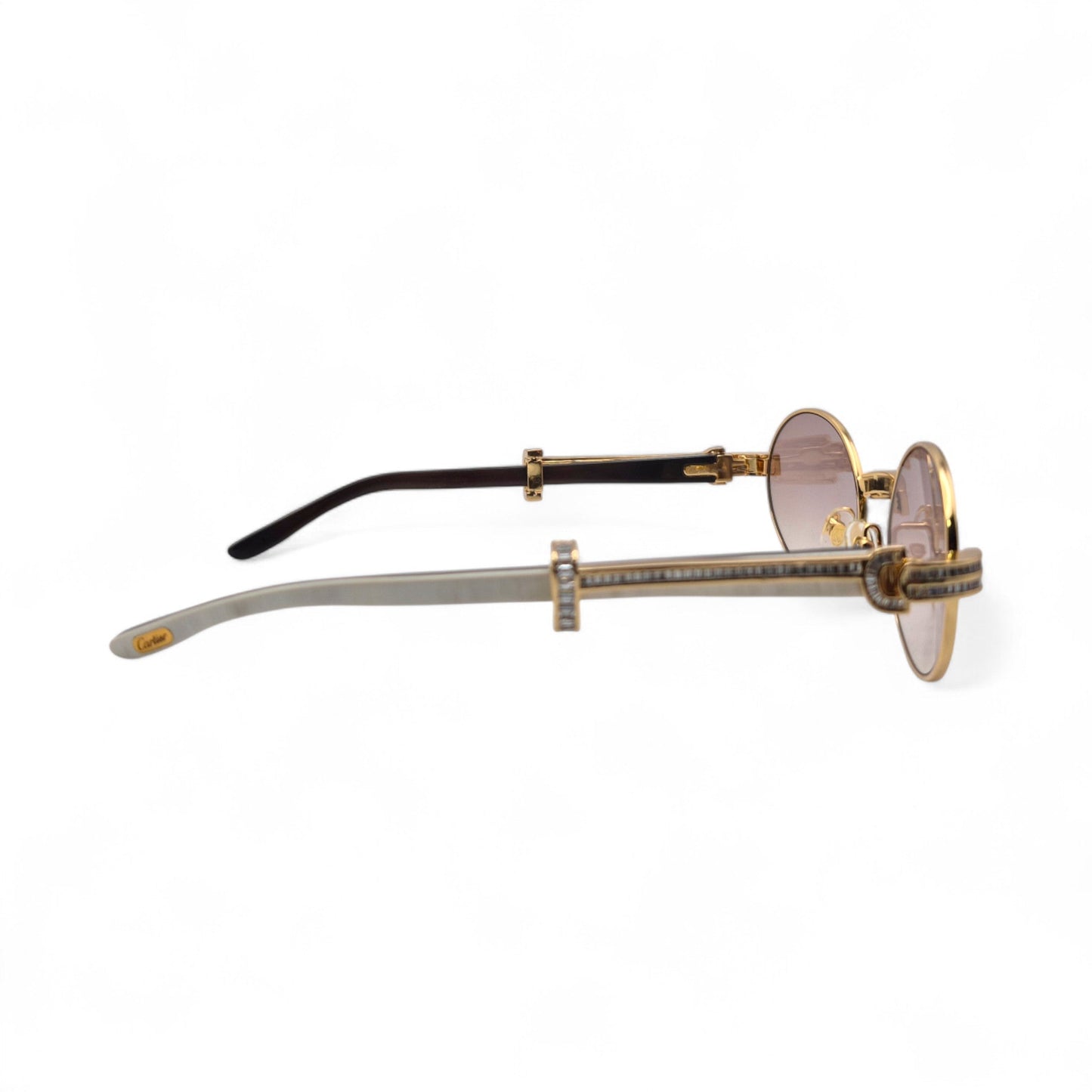Giverny (Iced) - 55-22 Gold Genuine Horn Sunglasses w/ Brown Lenses & Baguette Diamonds Channel Set (90s) - Luxury Optical
