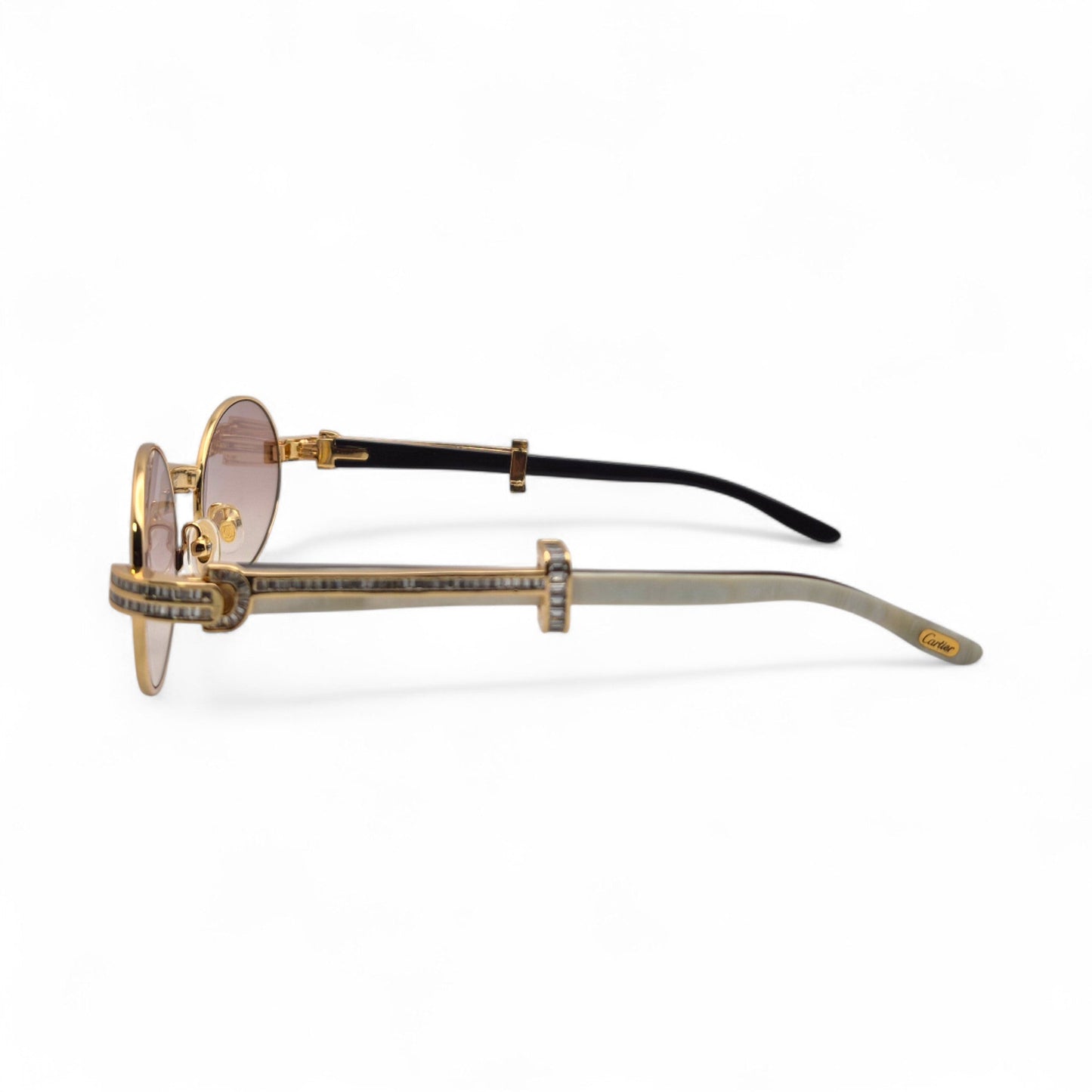 Giverny (Iced) - 55-22 Gold Genuine Horn Sunglasses w/ Brown Lenses & Baguette Diamonds Channel Set (90s) - Luxury Optical