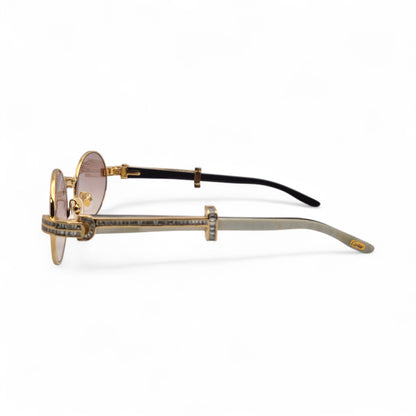 Giverny (Iced) - 55-22 Gold Genuine Horn Sunglasses w/ Brown Lenses & Baguette Diamonds Channel Set (90s) - Luxury Optical