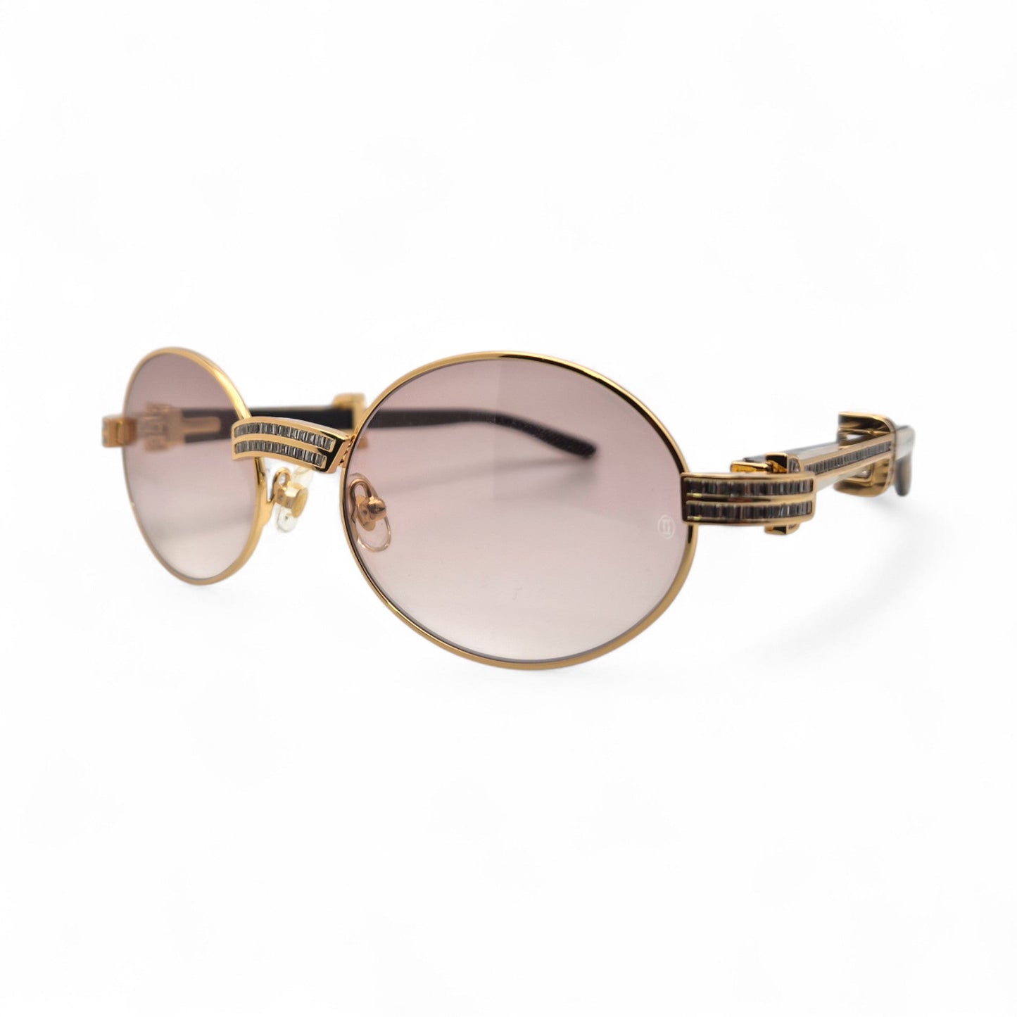 Giverny (Iced) - 55-22 Gold Genuine Horn Sunglasses w/ Brown Lenses & Baguette Diamonds Channel Set (90s) - Luxury Optical
