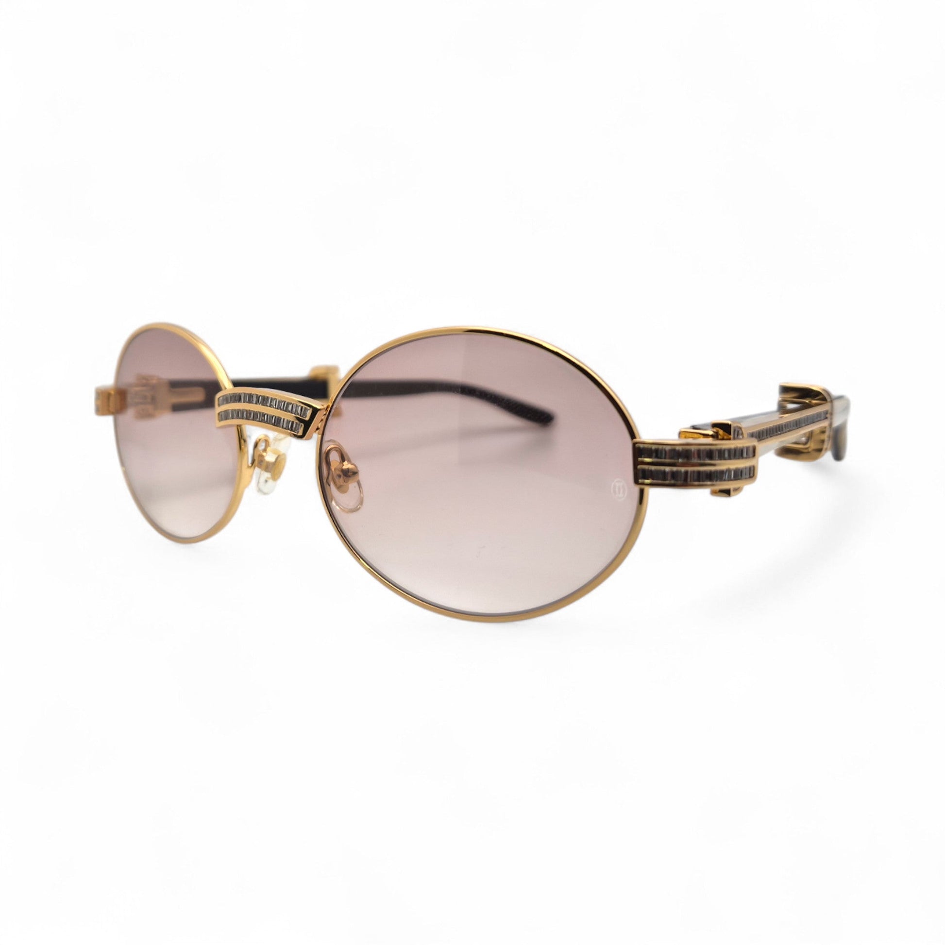 Giverny (Iced) - 55-22 Gold Genuine Horn Sunglasses w/ Brown Lenses & Baguette Diamonds Channel Set (90s) - Luxury Optical