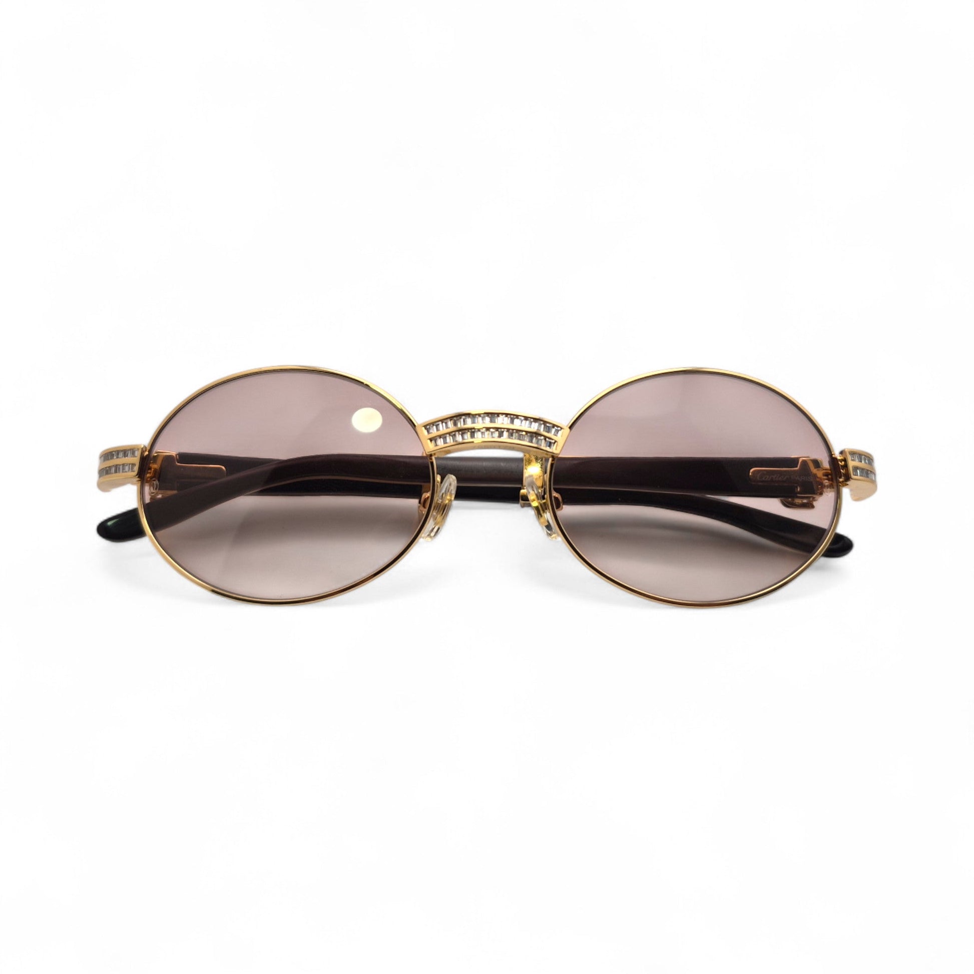 Giverny (Iced) - 55-22 Gold Genuine Horn Sunglasses w/ Brown Lenses & Baguette Diamonds Channel Set (90s) - Luxury Optical