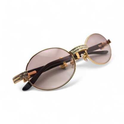 Giverny (Iced) - 55-22 Gold Genuine Horn Sunglasses w/ Brown Lenses & Baguette Diamonds Channel Set (90s) - Luxury Optical