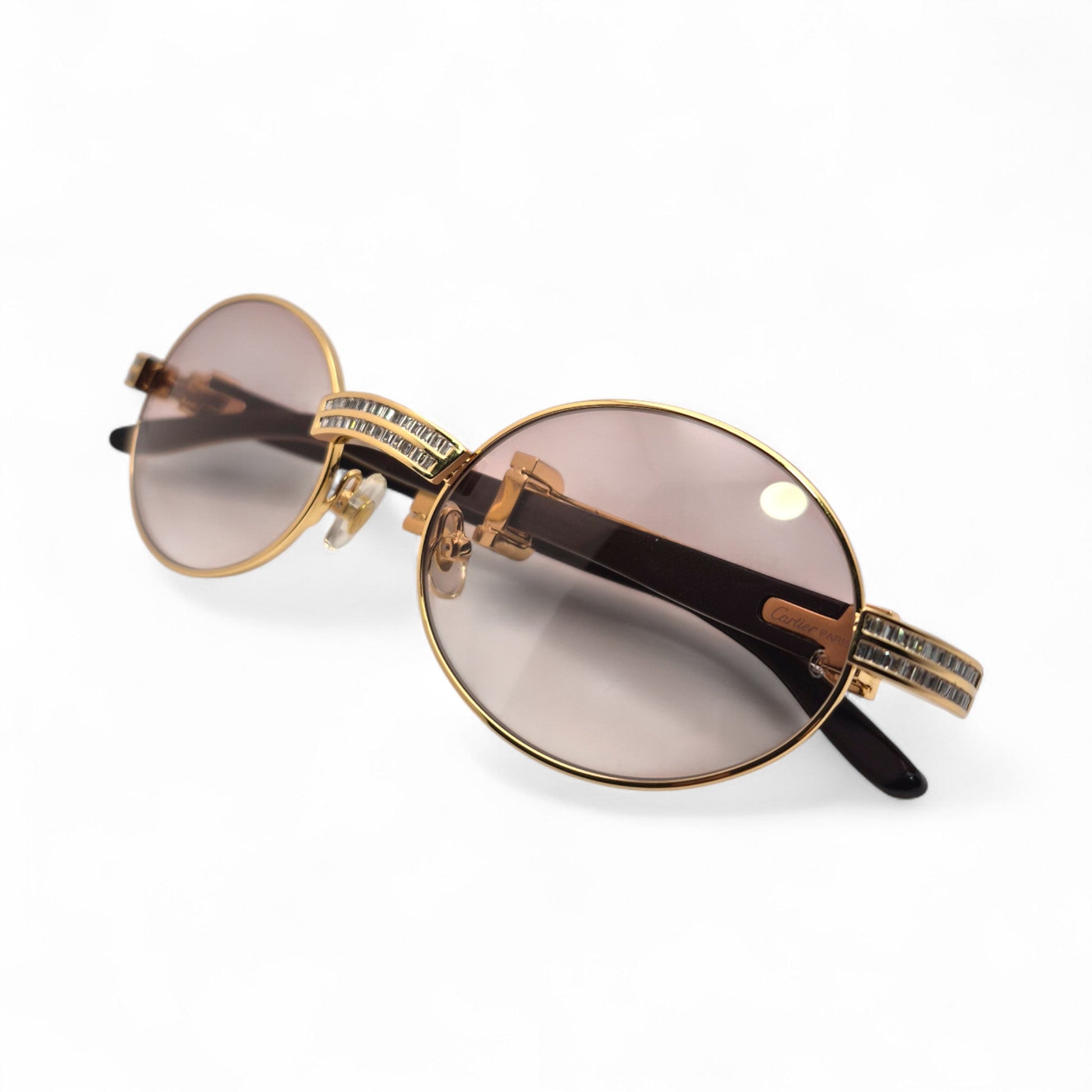 Giverny (Iced) - 55-22 Gold Genuine Horn Sunglasses w/ Brown Lenses & Baguette Diamonds Channel Set (90s) - Luxury Optical
