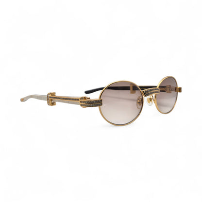 Giverny (Iced) - 55-22 Gold Genuine White Horn Sunglasses w/ Brown Lenses & Round Diamonds Channel Set (90s) - Luxury Optical