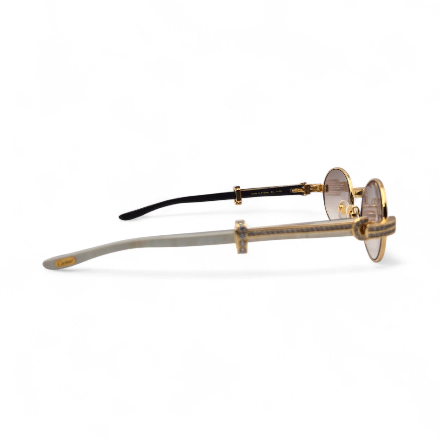 Giverny (Iced) - 55-22 Gold Genuine White Horn Sunglasses w/ Brown Lenses & Round Diamonds Channel Set (90s) - Luxury Optical