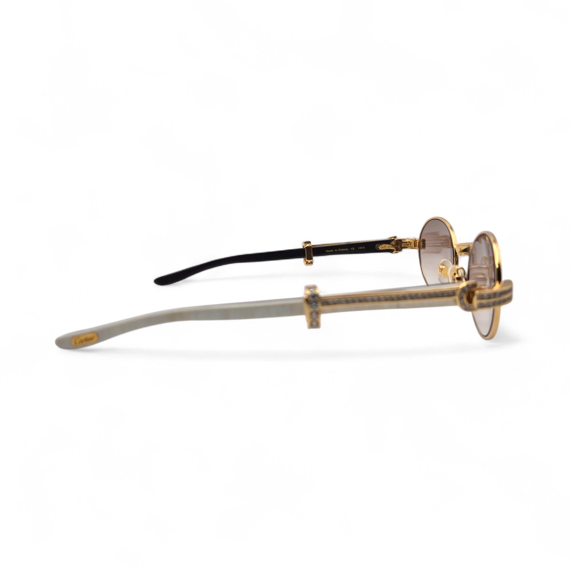 Giverny (Iced) - 55-22 Gold Genuine White Horn Sunglasses w/ Brown Lenses & Round Diamonds Channel Set (90s) - Luxury Optical