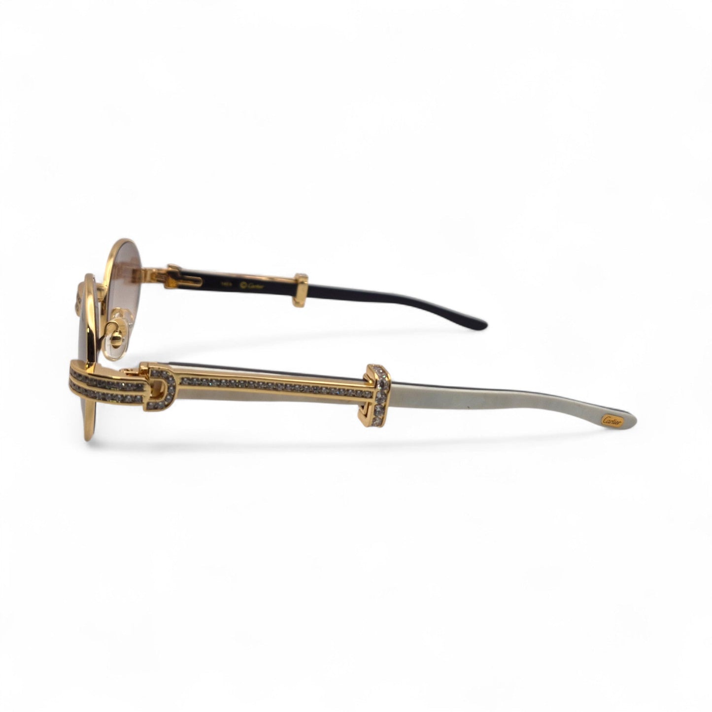 Giverny (Iced) - 55-22 Gold Genuine White Horn Sunglasses w/ Brown Lenses & Round Diamonds Channel Set (90s) - Luxury Optical