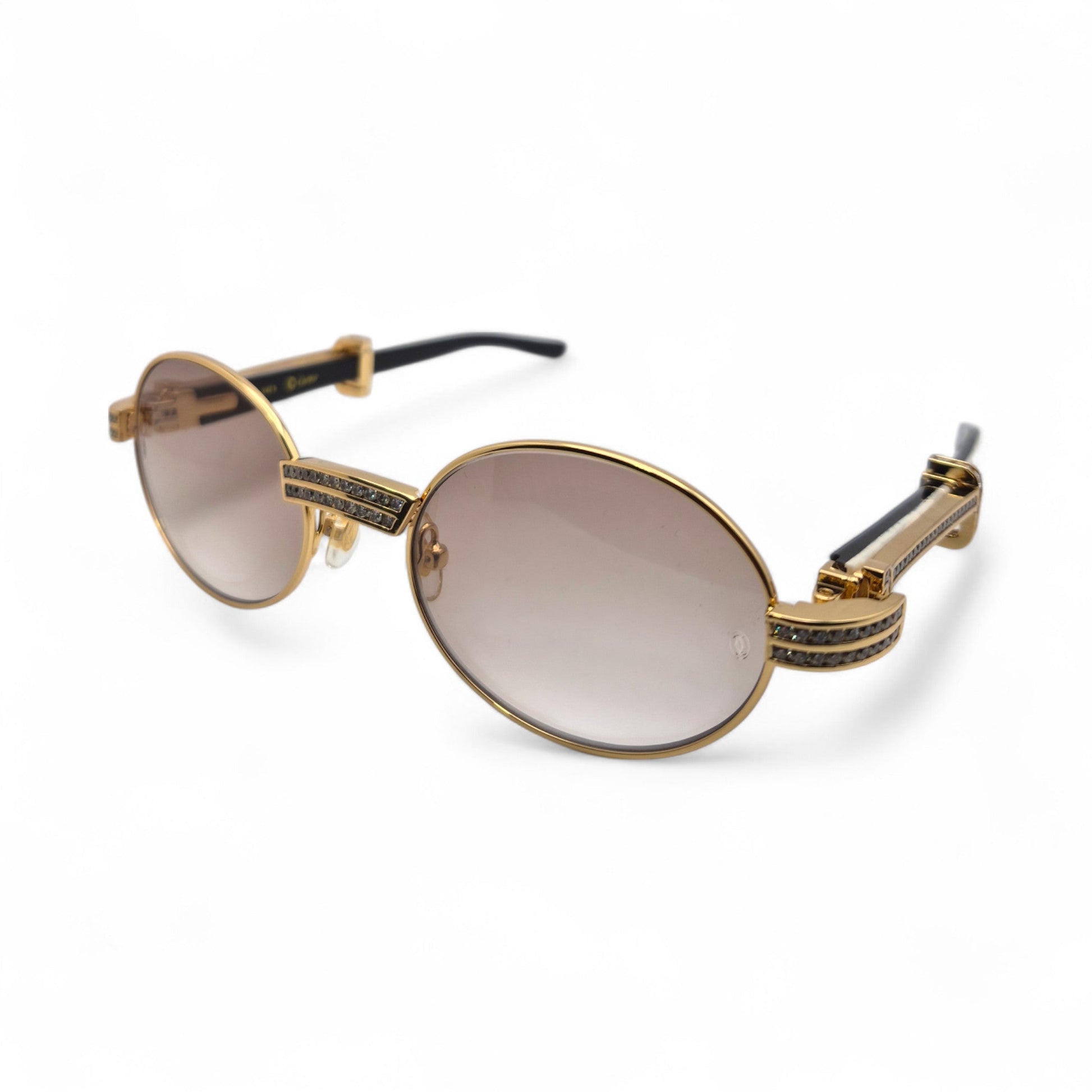 Giverny (Iced) - 55-22 Gold Genuine White Horn Sunglasses w/ Brown Lenses & Round Diamonds Channel Set (90s) - Luxury Optical
