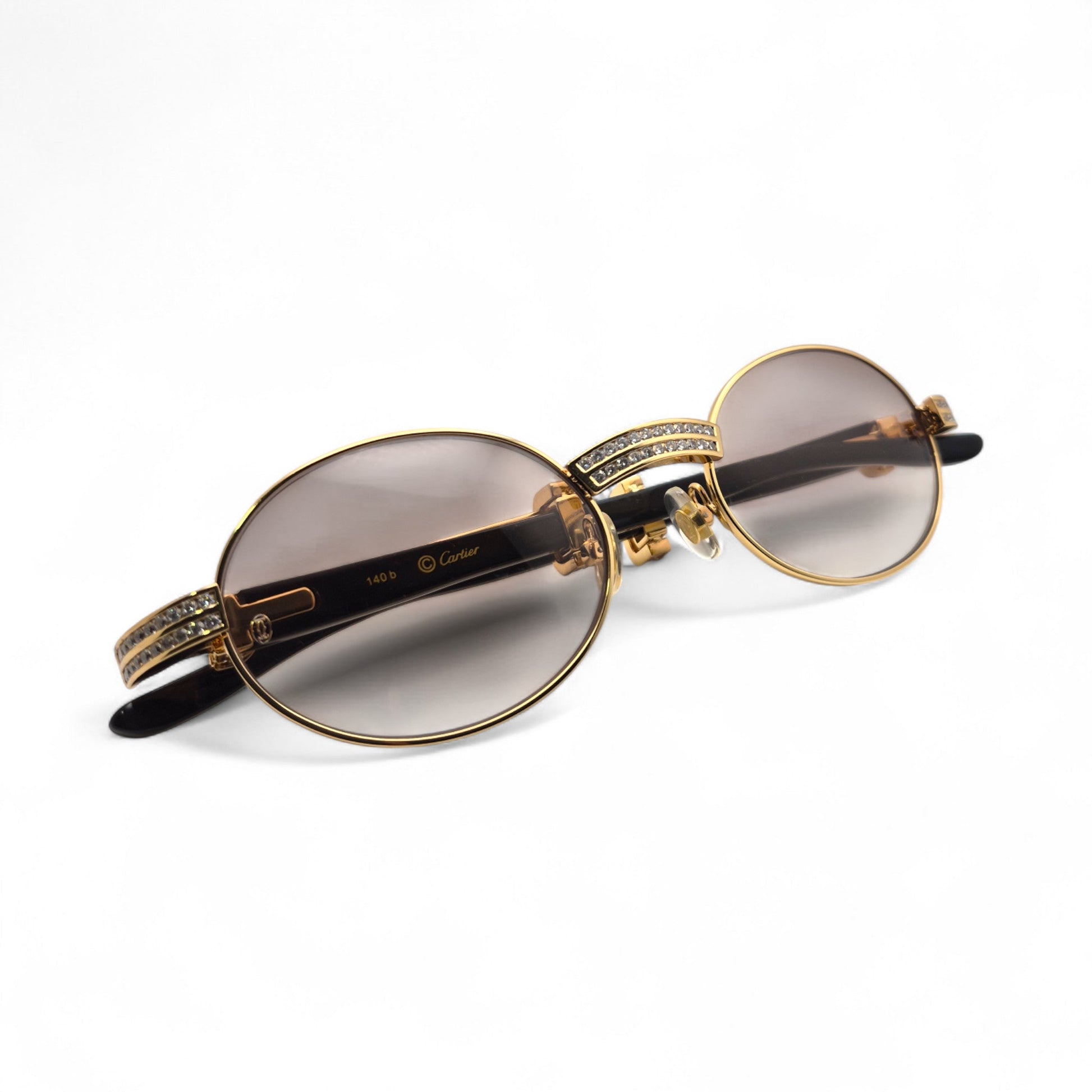 Giverny (Iced) - 55-22 Gold Genuine White Horn Sunglasses w/ Brown Lenses & Round Diamonds Channel Set (90s) - Luxury Optical
