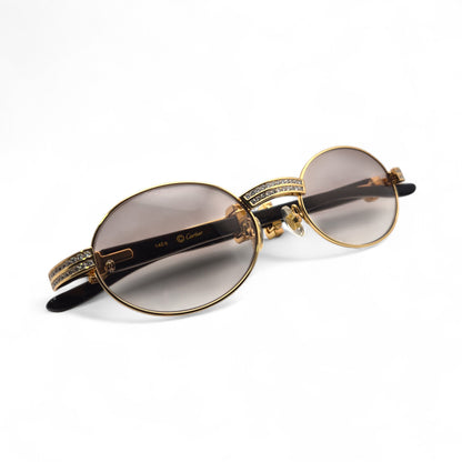 Giverny (Iced) - 55-22 Gold Genuine White Horn Sunglasses w/ Brown Lenses & Round Diamonds Channel Set (90s) - Luxury Optical