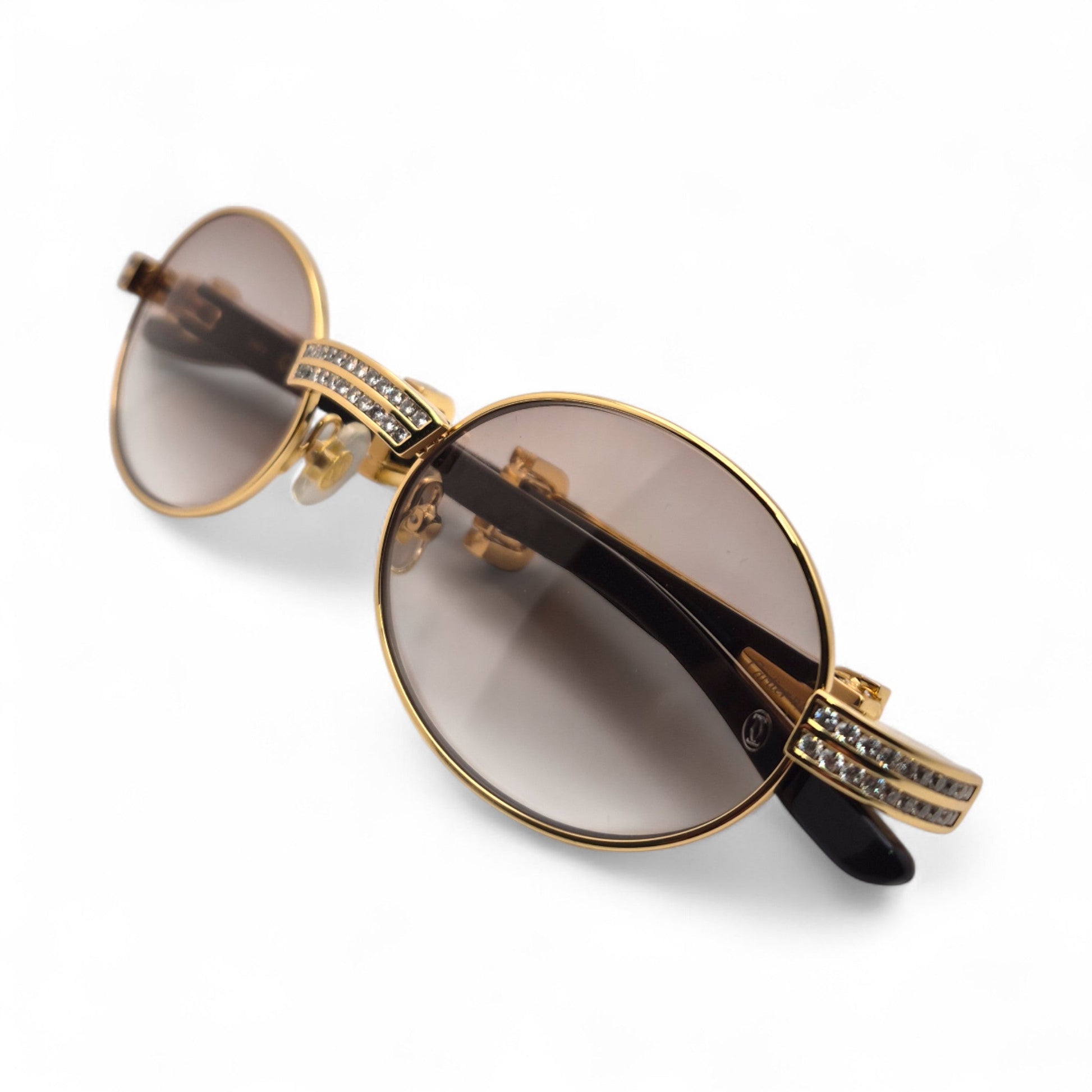 Giverny (Iced) - 55-22 Gold Genuine White Horn Sunglasses w/ Brown Lenses & Round Diamonds Channel Set (90s) - Luxury Optical