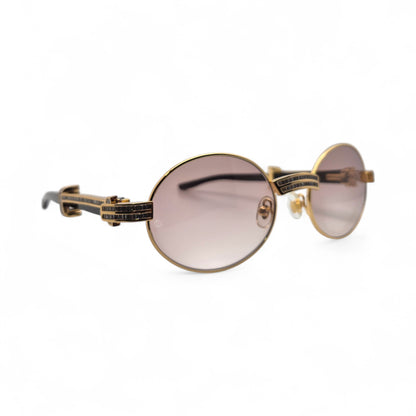 Giverny (Iced) - 55-22 Gold Genuine Horn Sunglasses w/ Brown Lenses & Baguette Diamonds Channel Set (90s) - Luxury Optical
